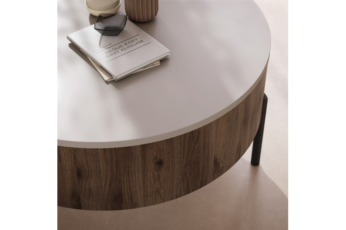 FRIDA Beige Taupe / Noyer Élégant – TABLE BASSE MODERNE AVEC PLATEAU RELEVABLE ET ESPACE DE RANGEMENT