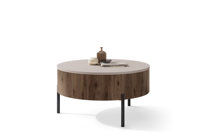 FRIDA Beige Taupe / Noyer Élégant – TABLE BASSE MODERNE AVEC PLATEAU RELEVABLE ET ESPACE DE RANGEMENT