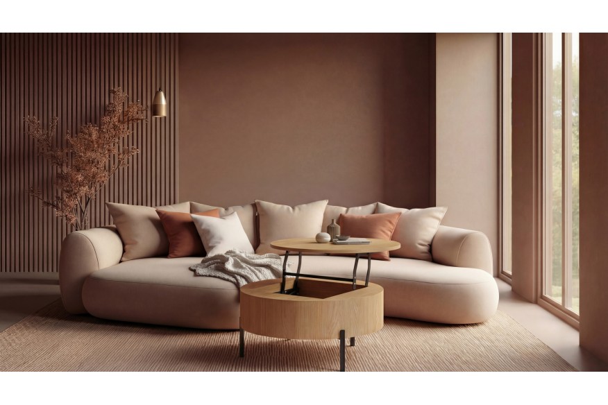 FRIDA Chêne Naturel – TABLE BASSE MODERNE AVEC PLATEAU RELEVABLE ET ESPACE DE RANGEMENT