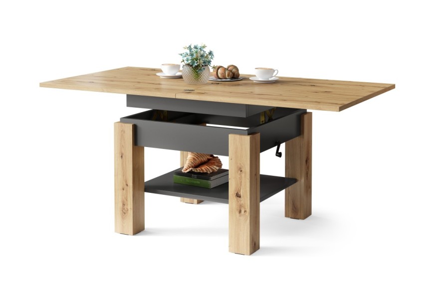 CLEO Chêne Artisan/Anthracite - TABLE BASSE AVEC PLATEAU RABATTABLE ET RELEVABLE TABLE BASSE RELEVABLE