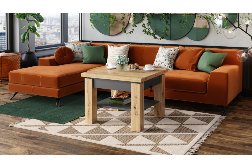 CLEO Chêne Artisan/Anthracite - TABLE BASSE AVEC PLATEAU RABATTABLE ET RELEVABLE TABLE BASSE RELEVABLE